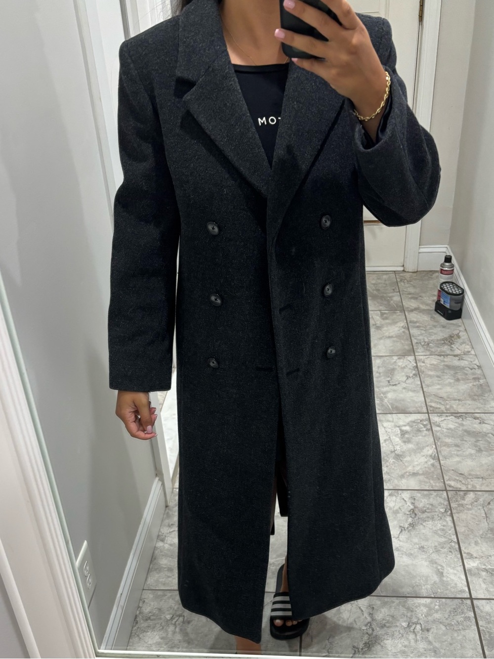 Long Wool Double-Breasted Women's Coat in Dark Gray